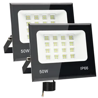 Tkdaksy 2 Stück LED Strahler Außen 50W, 2M Kabel 6500K Kühlweiß 5000LM LED Scheinwerfer, Strahler Außen IP66 Wasserdicht, für Gärten, Terrassen, Höfe, Balkone, Parks, Garagen, Fabriken