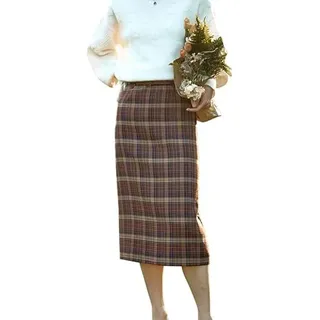 Runstarshow Plaid Rock Midi Röcke für Frauen UK Karierter Rock Damen Winterröcke mit Gürtel Damen Herbst Röcke Split Tube Rock Hohe Taille Schlitz Bodycon Rock Retro Elegant Größe S-L / 36-44, rot, 40 - M
