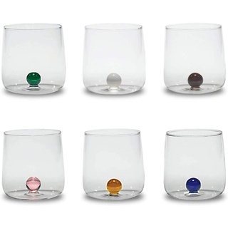 Zafferano Bilia Glasbecher - Handgemachtes Transparent Glas, Verziert mit bunter Glaskugel im Inneren, cl 44 h 90mm d 88mm - Set 6 Stück - farblich sortiert