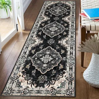 MUJOO Flur-Läufer, 60 x 200 cm, schwarz, langer Boho-Teppich, Läufer, waschbar, rutschfest, für Eingangsbereich, Küche, Badezimmer, Nachttisch, Vintage-Stil, Bohemian-Stil, Landhausstil, rutschfest,