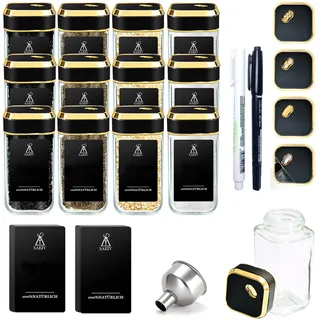 SAEIV Gewürzdosen mit Edel Schwarzgoldener Deckel, Gewürzgläser Gold (12x120ml), Gewürzbehälter Set, Gewürzetiketten, Gewürzstreuer Glas für die Ordentliche Aufbewahrung von Gewürzen