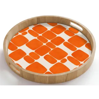 OnlyWow Tablett Rund mit Henkel Muster - Retro - Orange, Eichenholz, (1-tlg), Servierbrett Groß, Tischdeko, Platte, Tisch Deko 50 cm x 50 cm x 5 cm