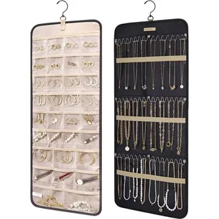 Sollbry - Roll-hängender Schmuck-Organizer mit Metallhaken, doppelseitiger Schmuckhalter für Ohrringe, Halsketten, Ringe an Schrank, Wand, Tür, 1