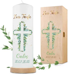 GRAVURZEILE Bedruckte Kerze - Taufkerze Eukalyptus Kreuz - brilliant bedruckte Kerze zur Taufe - Personalisiertes Taufgeschenk für Mädchen & Jungen - Hochwertige Stumpenkerze 250/80 mm