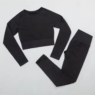 Yoga Set Ribbed Nahtlose Sportanzug Trainingskleidung for Frauen Langarm Turnhalle Crop Top High Taille Leggings Fitness Set (Color : Black set, Size : Large)