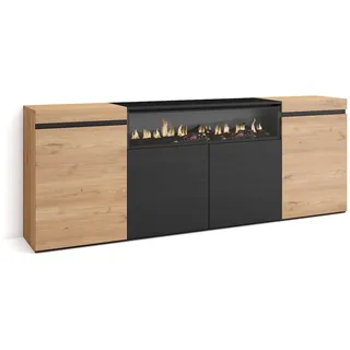 SKRAUT HOME Sideboard, Anrichte, Schrank, Küche, Schrank, Flur, 200x35x75cm, 4 Türen, Elektrischer Kamin, Moderner Stil, Eiche und schwarz _ 62_11