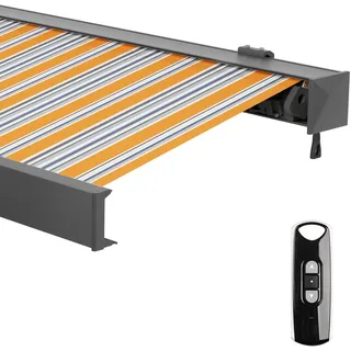 paramondo Markise Kassettenmarkise Line Gelenkarmmarkise Balkon Terrasse Sichtschutz, mit jarolift Funkmotor, Vollständig zusammengebaut, 3,5 x 3 m, Anthrazit-Matt, Stoff: Multi, Gelb-Grau-Blau