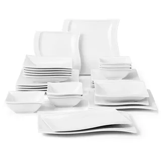 MALACASA Geschirr-Set Tafelservice FLORA für 6/4 Personen Marmor Geschirrset (26-tlg), 6 Personen, Porzellan weiß