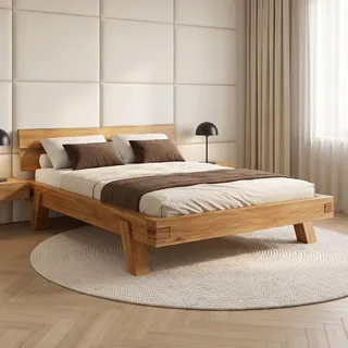 skølm Hervar Massivholzbett aus Wildeiche 140x200 cm – hochwertiges Bettgestell aus Naturholz – massives Holzbett mit Bettkopf – Bettrahmen geeignet als Doppelbett – Balkenholz Bett