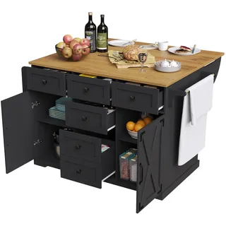 FammyLoft Kücheninsel auf Rollen, Kücheninsel mit Klappbarer Arbeitsplatte, 6 Schubladen und Schrank, Küchenrollwagen mit Holzmaserung für Küche, Esszimmer, Mobiler Buffetschrank, Schwarz