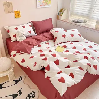 Covebett Herz Bettwäsche 200x200 Weiß mit Roten Herzen Muster Aesthetic Microfaser Bettbezug Set Romantisch Herzchen Herzmuster Doppelbett Deckenbezug mit Reißverschluss und 2 Kissenbezug 80x80cm