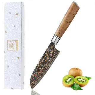 ZAYIKO Santokumesser BlackMagma Damast Kleines Santoku Küchenmesser 12 cm Kupfer-Bronze, schwarzer Damaststahl, Kupfer-Bronze-Einlage braun|schwarz
