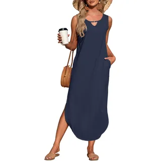 AUSELILY Sommerkleid Damen Maxikleider Lang Ärmellos Schlitz Freizeit Hawaii Strandkleid mit Taschen Marineblau S - S