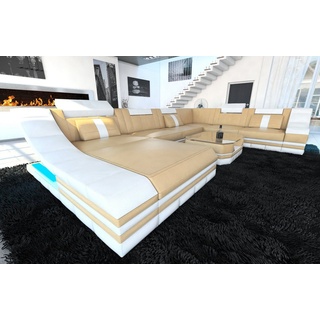 Sofa Dreams Wohnlandschaft Ledercouch Sofa Leder Turino XXL U Form Ledersofa, Couch, mit LED, wahlweise mit Bettfunktion als Schlafsofa, Designersofa beige|goldfarben
