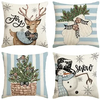 LuxusKollektion Hängedekoration Kissenbezug Weihnachten Schneemann Rentier 45 x 45 cm 4 Stück Blau
