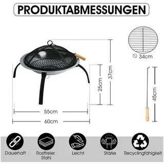 Defactoshop Feuerschale Feuerschale Edelstahl Ø 58cm Feuerhaken Funkenfluggitter Grill, Ø 58cm silberfarben