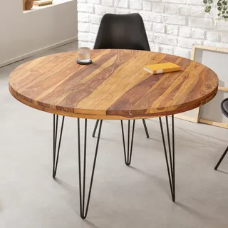 Massiver Retro Esstisch MAKASSAR 120cm Sheesham rund Hairpin Legs Küchentisch