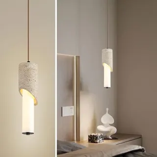 AroimRex Gelbe LED Pendelleuchte aus Travertin im Wabi Sabi Stil mit schrägem halbzylindrischem Steinschirm skandinavische Hängeleuchte aus Beton for Schlafzimmer Wohnzimmer und Küche