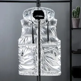 CWENROU Damen Ärmellose Daunenweste - Mode Damen Winter Daunenweste Retro Grau Kapuze Kurze Glänzende Ärmellose Daunenjacke Weste Warme Outdoor Sport Winddichte Jacke Elegante Casual Party