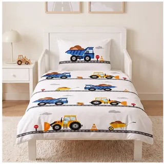 MTOnlinehandel Babybettwäsche Bagger 100x135 + 40x60 cm, 100 % Baumwolle Flanell, Biber, 2 teilig, Fahrzeuge, Baustelle Kinderbettwäsche für Babys und Kleinkinder bunt
