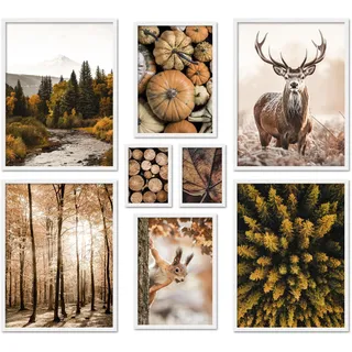 ARTFAVES® Poster Set - AUTUMN FOREST - mehrteilige Wanddeko Wohnzimmer & Schlafzimmer - 8 moderne Wandbilder Herbst, Wald, orange, braun - mit Rahmen Weiss