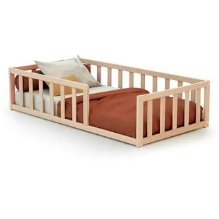 WEBABY - Bodenbett Baby 70 x 140 cm | Mit Barrieren | Babybett | Kinderbett | Lattenrost inklusive | Schlafkomfort | Autonomie | Sicherheit | Massivholz (Beige, Kinderbett)