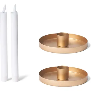 Novaliv LED Dekolicht 20419-20791-2x, Novaliv 2er-Set Stabkerzenhalter 14cm Metall rund Tafelkerzen Gold mat