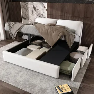 Flieks Polsterbett 180x200cm mit 3 Schubladen, Hydraulisches Boxspringbett Stauraumbett mit Lattenrost, Doppelbett Jugendbett Holzbett, Samt, Weiß - Weiß
