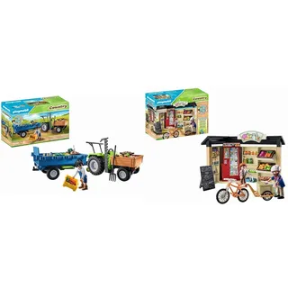 PLAYMOBIL Country 71249 Traktor mit Hänger inkl. Transportboxen, Grüner Trecker für den Bio-Bauernhof & Country 71250 24-Stunden-Hofladen, Fahrrad mit Anhänger