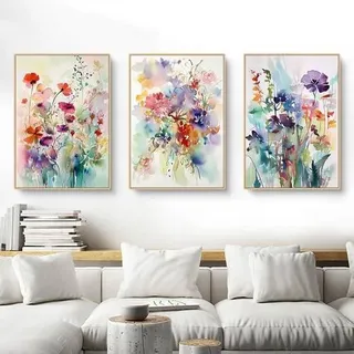 Bilder Wohnzimmer 3er Set Bunt Blumen Leinwand Poster Wanddeko 21x30cm