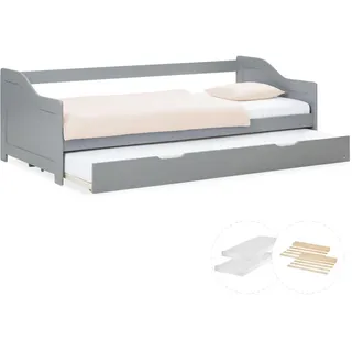 Homestyle4u Ausziehbett Grau Holz Kiefer, 90x200 cm, Schlafzimmer, Betten
