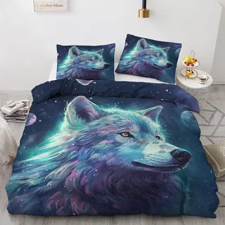 Generisch Wolf Bettwäsche 135x200 2 teilig - Tier Bettbezug, Sommer Bettwäsche-Sets, Weich & Bügelfrei Mikrofaser Wendebettwäsche und 1 Kissenbezug 80x80 mit Reißverschlus S3-&-69