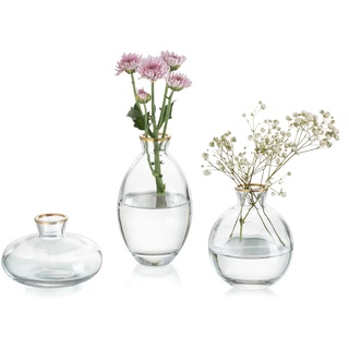 Kleine Vasen Für Tischdeko Vintage Handmade, 3 Teilig Mini Vase Glas Goldrand Blumenvase Modern Set Verschiedene Groessen Schlanke Hydroponic Glasvase Fuer Blumen Deko Hochzeit Tisch Wohnzimmer