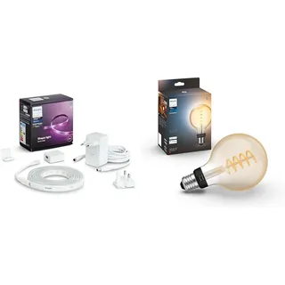 Philips Hue White & Color Ambiance Lightstrip Plus Basis-Set V4 (2 m) & White Ambiance E27 Einzelpack Globe G93 Filament 550lm