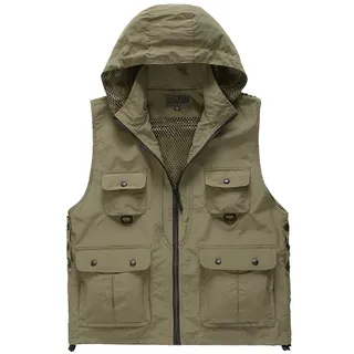 Daoba Herren Schnell Trocknend Outdoor Weste mit Kapuze Multifunktionsweste mit Vielen Taschen Angel-Westen für Jagd Camping Fotografie Wasserdicht