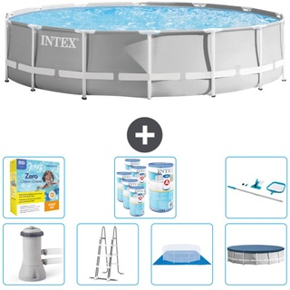 Intex Round Prism Frame Swimming Pool – 427 x 107 cm – Grau – inklusive Pumpe – Leiter – Bodenplane – Abdeckung Wartungspaket - Filter ...