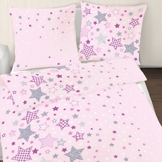 MTOnlinehandel Bettwäsche Sterne 135x200 + 80x80 cm, 100 % Baumwolle, Biber, 2 teilig, Kinderbettwäsche mit vielen Sternen & Sternchen in rosa, lila & grau rosa