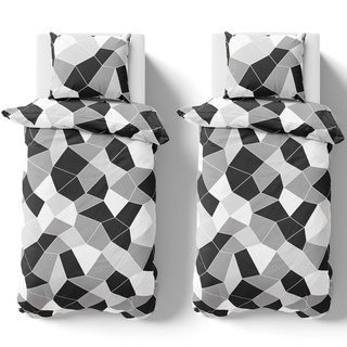 Visaggio Bettwäsche Set 155x220cm Bettbezug 4 teilig Garnitur Premium YKK Reißverschluss Mosaik Muster Schwarz Grau Weiß