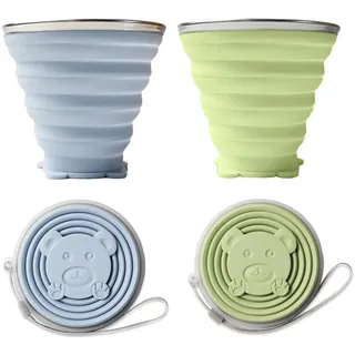 Faltbarer Becher, 2 Stück Faltbecher Silikon, Faltbarer Reisebecher Faltbare Silikon Becher mit Deckel Wiederverwendbares für Picknick Camping Outdoor Wandern Reisen 270 ml Himmelblau Matcha Grün