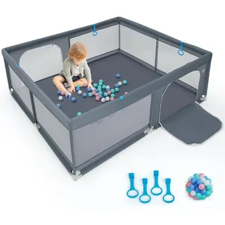COSTWAY 200 x 180cm Laufstall baby faltbar, Laufgitter mit 50 Ozeanbällen & 4 Griffen, Krabbelgitter mit atmungsaktiver Mesh & Tür, Laufgitterzelt für Säuglinge und Kinder (Dark Gray)