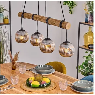 hofstein Pendelleuchte Hängelampe aus Metall/Holz/Riffelglas in Schwarz/Natur/Chrom/Rauch, Hängeleuchte im Retro/Boho-Design m. Holzbalken, (Schirme Ø 15cm), E27 beige