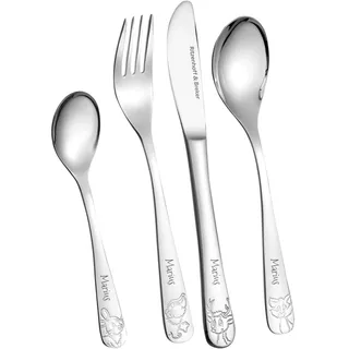 LUXENTU Set aus Kinderbesteck mit Gravur, Waldtiere, 4-teilig | Personalisiertes Besteck-Set aus Edelstahl mit Namensgravur, Geschenk zur Taufe, Kindergarten & Einschulung