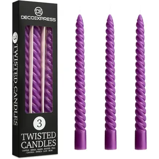 DECO EXPRESS Stabkerzen Set, 3er Packung, Tropffreie Gedrehte Bunte Kerzen, 6 Stunden Brenndauer Unparfümiert, Schlafzimmer Deko Geschenke für Valentinstag und Muttertag (Lila, 3er-Pack)
