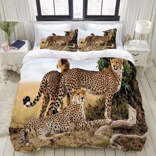 TESCCI Bedding Bettwäsche-Set,Geparden bemuttern und das Baby mit Zwei Jungen, das nach gefährlichem exotischem Animals des Lebensmittels sucht,Mikrofaser Bettbezug und Kissenbezug - (135 x 200 cm)