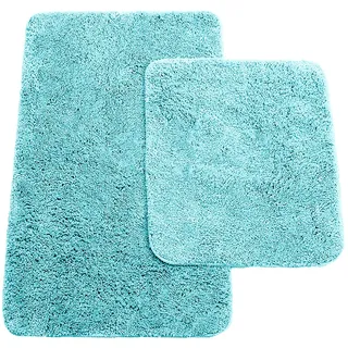 Brandsseller Badematten 2er-Set Bestehend aus Badvorleger ca. 50/80cm und WC-Vorleger ca. 45/50cm - Hochflor Polyester mit Rutschhemmender Latex-Rückseite Türkis