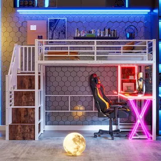 Merax Hochbett mit Schreibtisch 90x200 cm, Jugendbett Loftbett mit LED-Beleuchtung und Stauraum Metallbettgestell mit Lattenrost(ohne Matratze) für Kinder/Erwachsene (Weiß)