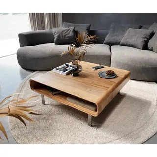DELIFE Couchtisch Anaya 90x90 cm Akazie Natur 1 Fach L-Fuß Edelstahl - Braun/Hellbraun