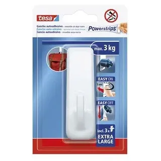 Tesa Powerstrips Klebehaken XL rechteckig - selbstklebende Haken mit extra starkem Halt - Wiederverwendbare Wandhaken für Bad und Küche - Montage ohne Bohren - Weiß - 1 Haken, 3 Powerstrips