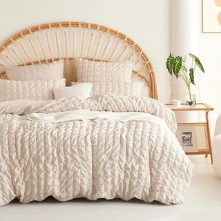 Covebett Seersucker Bettwäsche 135x200 Beige Uni Kariert Sommer Wendebettwäsche 2teilig Modern Chic Strukturiert Atmungsaktiv Microfaser Bettbezug und Kissenbezug 80x80cm mit Reißverschluss