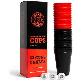 BeerBaller® Unbreakable Cups - 22 Hartplastik Beer Pong Becher & 3 Bälle | Aus recyceltem Plastik! | Mehrweg Bierpong Becher | spülmaschinenfest | 473ml/16oz - Red Cups | Made in Germany